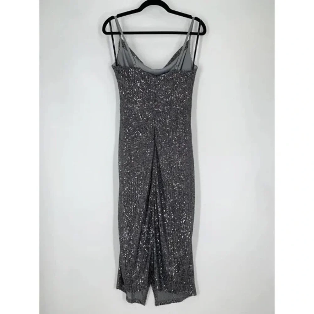 LAUNDRY by Shelli Segal Sequin Cowl Neck Slip Midi Dress in Gunmetal - Picture 8 of 12